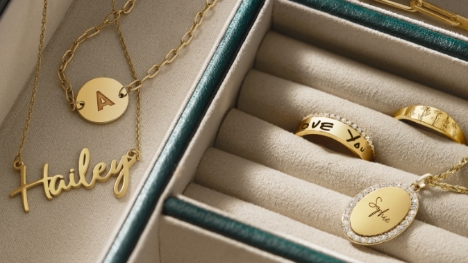 Image of personalized jewelry pieces in a jewelry box, featuring rings and necklaces.